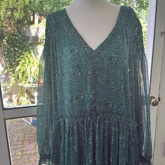 Free People Smocked Shoulder Midi Dress Green Floral Tiered Long Sleeve NWT - Picture 13 of 15